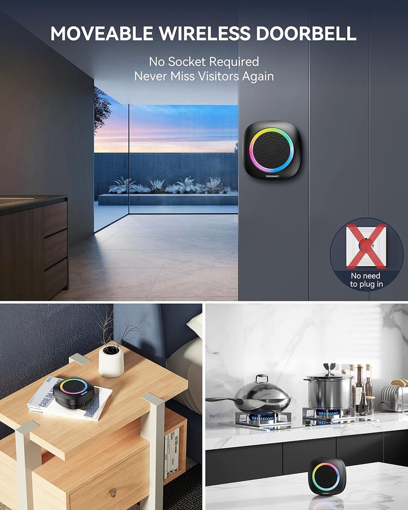 TECKNET Wireless Doorbell, 2 Transmitters 2 Receivers Door Bell Battery Operated with RGB Light, 400 m / 1300 ft Range, 60 Melodies, IP66 Outdoor Front Door Bell with 4.5 Year Service Life - Image 3